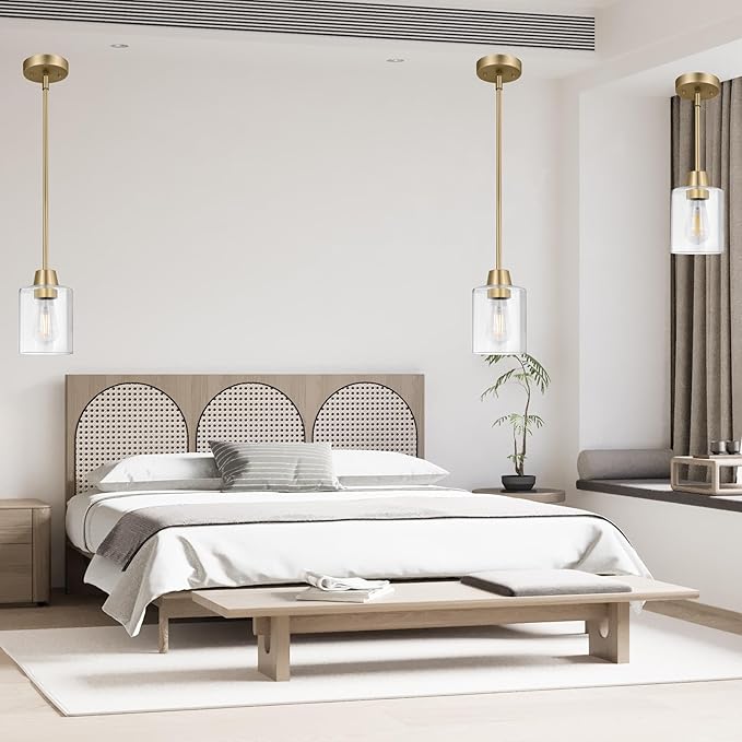 3 Pack 1 Light Brass Pendant Lights Kitchen Island, Gold Modern Chandelier Clear Glass Shade, Adjustable Multiple Stems Rods Hanging Farmhouse E26 Socket Light for Dining Room Bedroom Bar