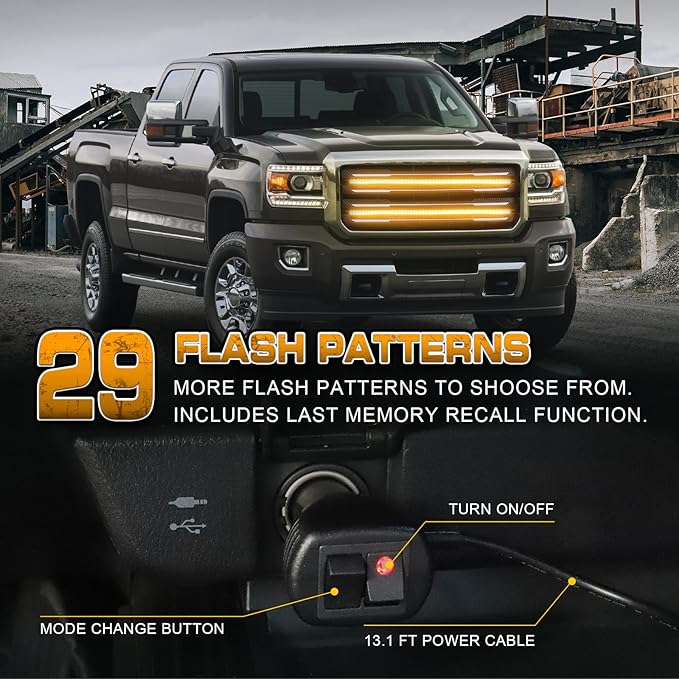 XRIDONSEN 2PCS 30 inch Amber Grill Lights Strip 360 LED Truck Strobe Lights Exterior Grille Front/Rear Emergency Flashing Warning Hazard Safety Caution Light for Tow Plow Trucks Construction Vehicles