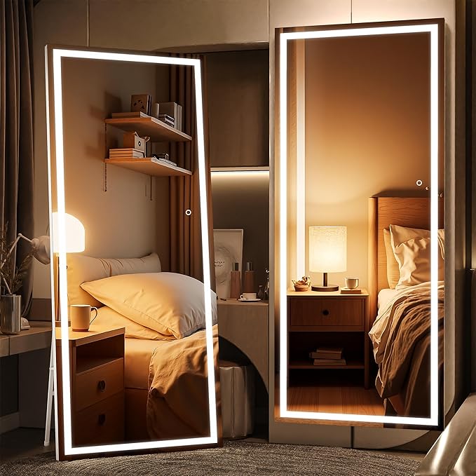 79" x 32" Full Length Mirror with Lights, Large LED Lighted Floor Standing Body Mirror, Dimmable & 3 Color Lighting for Bedroom, Cloakroom, Dressing Room, Tempered Glass, White Frame