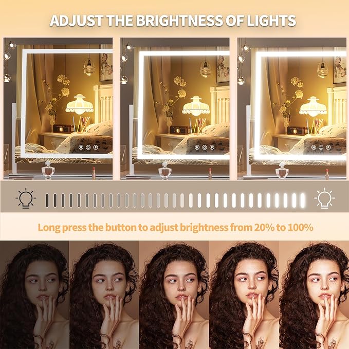 Hasipu Vanity Mirror with Lights, 36" x 24" LED Makeup Mirror, Light up Mirror with 10X Magnification and Phone Holder, USB Charging Port, Smart Touch 3 Colors Dimmable (White)