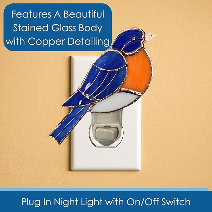 Gift Essentials Bluebird Plug in Night Light - Stained Glass Nightlight with On/Off Rocker Switch - Includes One 4 Watt Replaceable Incandescent Warm Glow Bulb