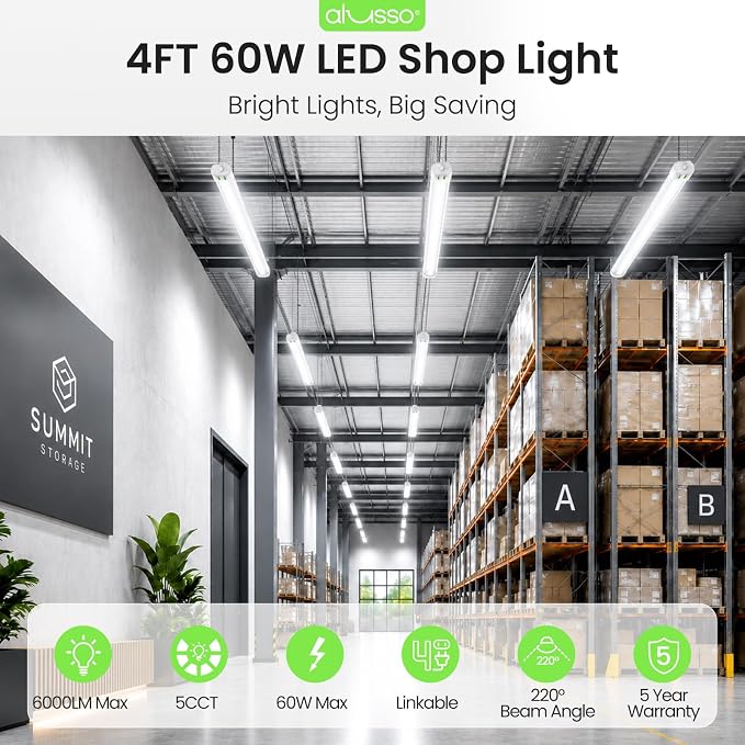 ALUSSO® 4FT Linkable LED Shop Lights, 6000LM 30W/45W/60W, 5CCT 2700K/3000K/4000K/5000K/6500K, 120V Integrated Fixture for Garage, Hanging or Surface Mount, 2 Pack