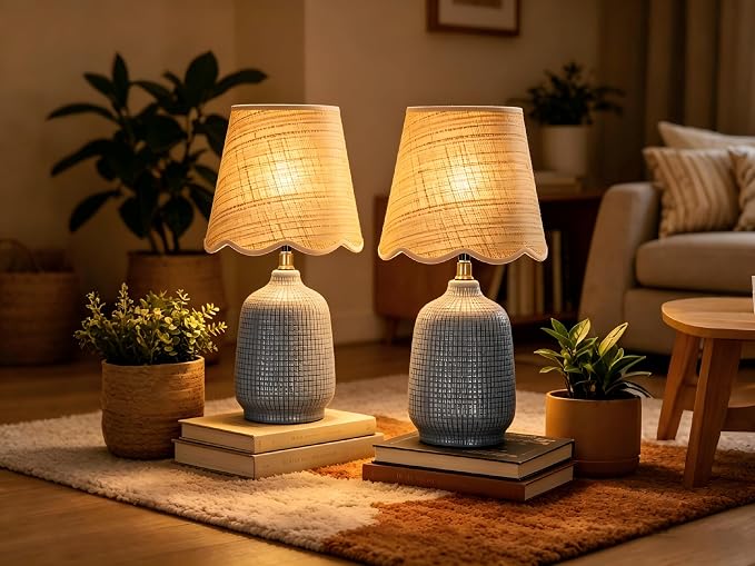 19" Modern Ceramic Table Lamp for Living Room Gray Blue Base Desk Lamps for Bedroom Farmhouse Bedside Nightstand Lamp End Table Lamps,Bule,Rattan Shade