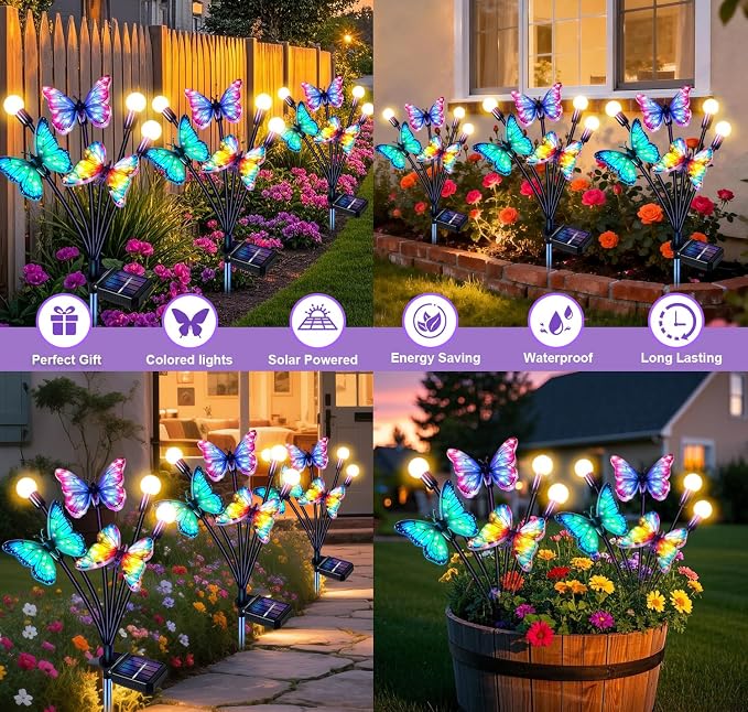 Solar Garden Lights Outdoor, Butterfly Firefly Lights 4 Pack, Waterproof | 3 Dynamic Fluttering Butterfly & 3 Firefly, Solar Garden Decor For Yard, Patio, Lawn, Gifts For Mom Women