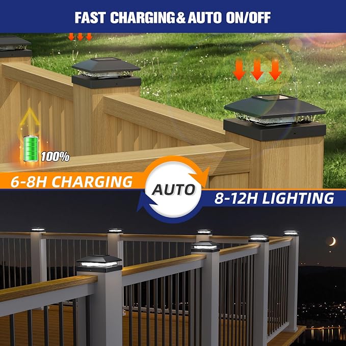 APONUO Solar Post Cap Lights for 4x4 Posts - IP64 Waterproof, 6500K LED, No-Wire Fence Lights & Deck Lights for Patio Garden Yard Patio, Black-Cool White, 16 Pack