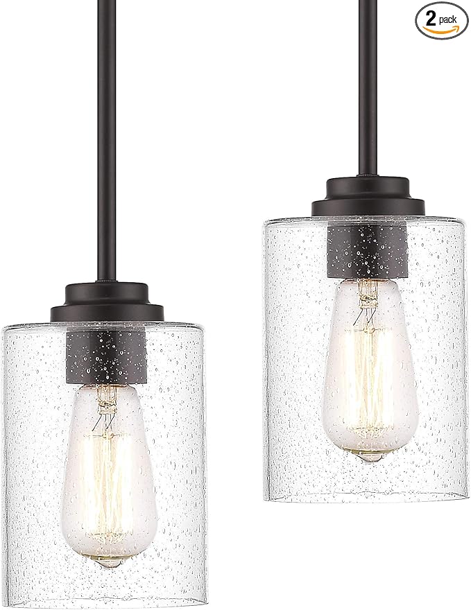 Beionxii Pendant Lights Kitchen Island, Farmhouse Pendant Light, 2 Pack | 4.7" Seeded Glass Pendant Light Fixture, Dark Bronze Finish, Hanging Light Fixtures for Kitchen Island Dining Room,9002-1H-2P