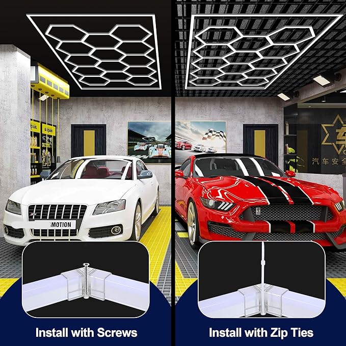 MODERN Hexagon Lights: 14 Grid Systems Honeycomb Light With Rectangle Frame, 86400LM 720W 6500K for Garage, Car Detailing Workshop and Exhibition Hall