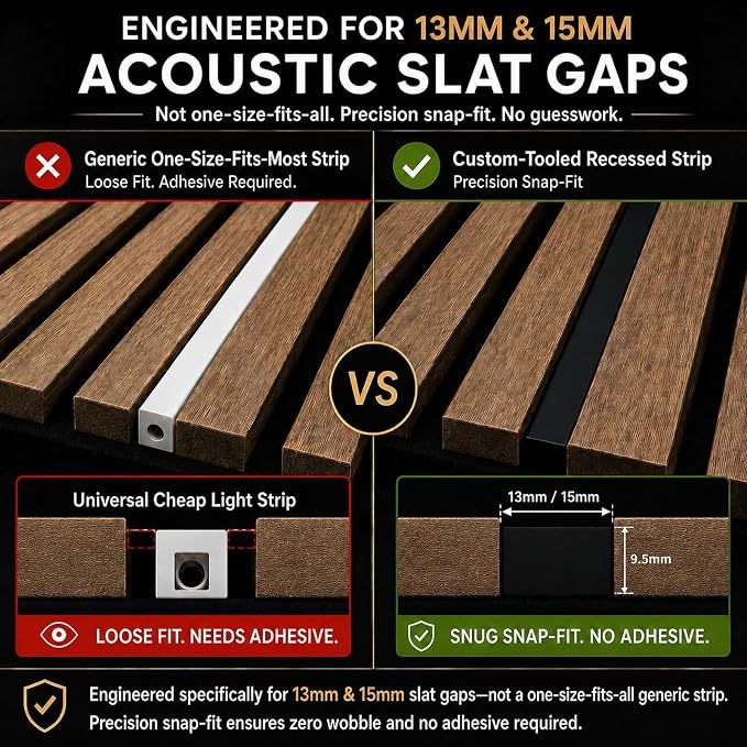 Recessed LED Silicone Strip Lights for Wood Slat Walls, 6-Pack, 3000K | Clip-In Installation with No Adhesive, Black Hidden Design, Touch Dimmer and Switch for Living Rooms and Bedrooms