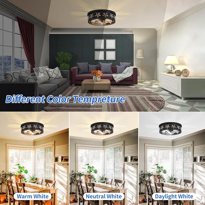 12.6 Inch Black Flush Mount Ceiling Light Fixture | 3-Light, Flower, Farmhouse, Kitchen, Dining Room, Bedroom, Living Room, Foyer, Entryway