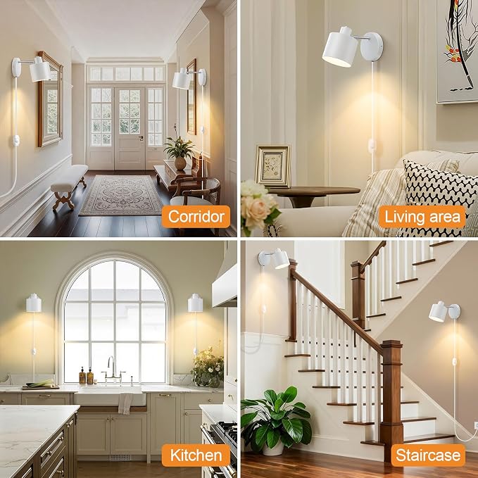 Lightess Plug in Dimmable Wall Lights Adjustable Lamp with Cord Set of 2 | 350° Adjustable Design, Plug in Dimmable Fixture,Modern Fits Kitchen Bedroom Hallway Light Bulbs not included