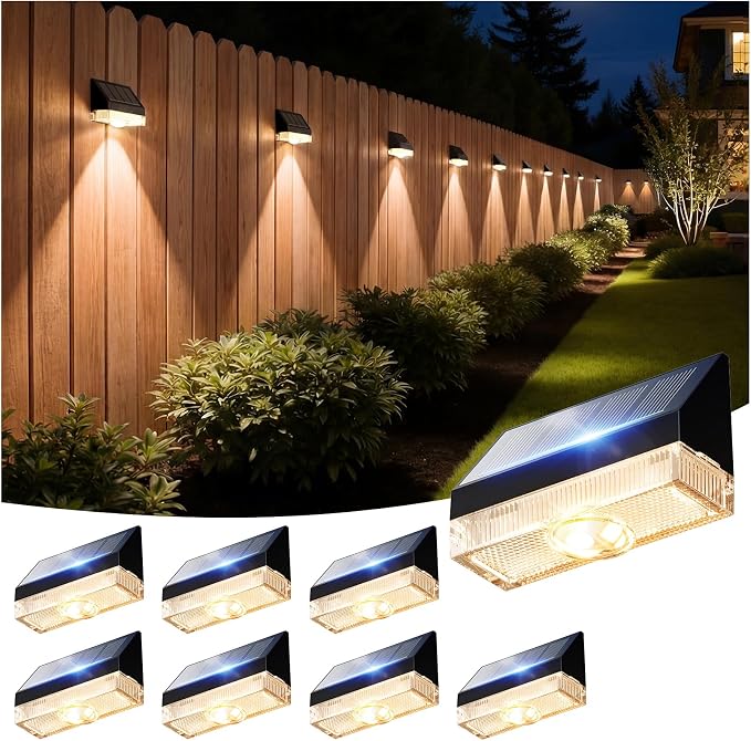 VOLISUN Fence Lights Solar Powered 8 Pack, Dusk to Dawn Solar Fence Lights Outdoor Waterproof with Warm White LED Spot Lens, Solar Light for Fence, Yard, Wall, Backyard, Railing, Deck, and Patio