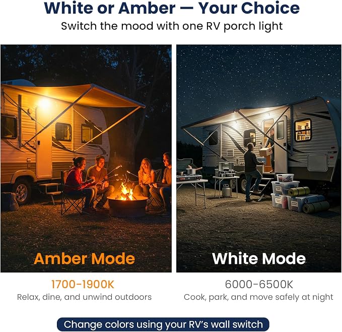 RV LED Porch Light, Exterior Lighting for Camper Travel Trailer | Dual Color White Amber, 1400 LM High Brightness, Aluminum Housing, IP67 Waterproof, Works with RV's Interior Switch- White