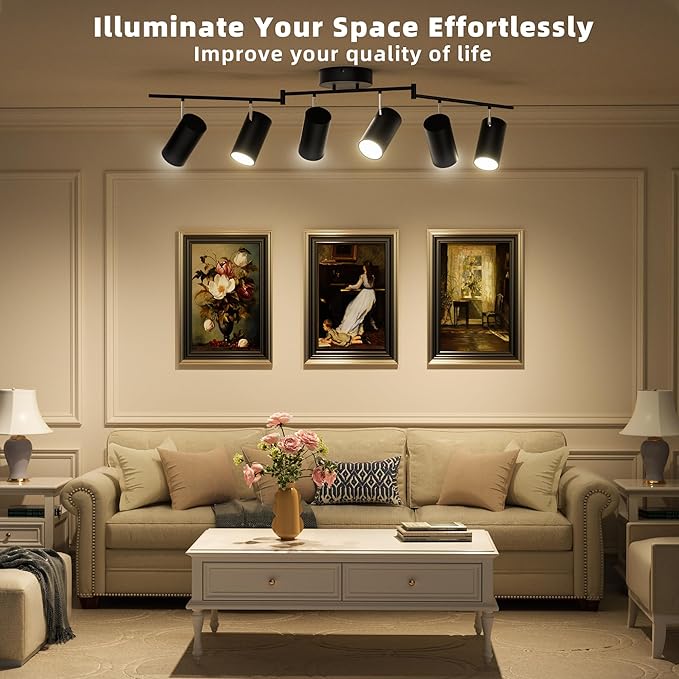 6-Light Track Lighting Fixtures Ceiling, GU10 Black Led Ceiling Spotlight, Modern Track Light Kit for Kitchen Hallway Bedroom Living Room