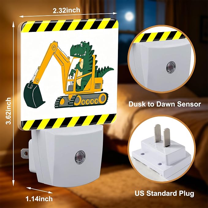Night Lights Plug into Wall, Dinosaur Excavator Night Light with Dusk to Dawn Smart Sensor for Bedroom Bathroom Hallway Kitchen, Led Nightlights for Boys Girls Women Men