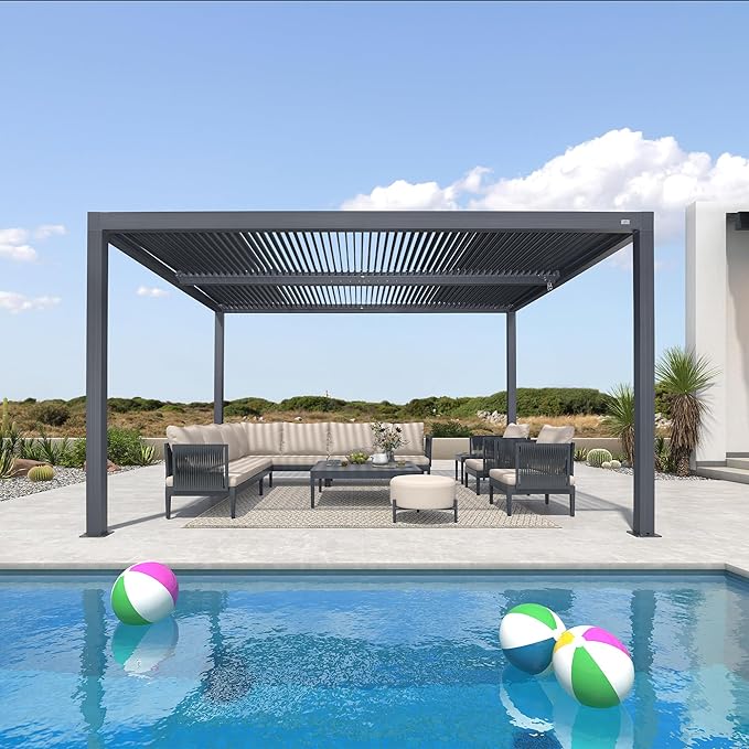 PURPLE LEAF Louvered Pergola 12' x 14' 94AS LED Strip Light 53mph Windproof | Two Adjustable Roofs, All-Aluminum Rustproof, 53Mph Wind Resistant, Plus Hidden LED Strip Lights, Multiple Size Options