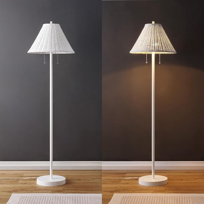 JONATHAN Y Nando 2-Light Coastal Rattan Floor Lamp 61", White | Mid-Century Modern, Standing Lamp, Metal Base, Pull-Chain Switch, Woven Coolie Shade, LED Bulbs Included