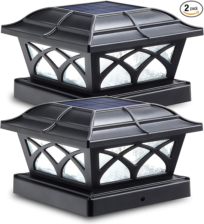 SIEDiNLAR Solar Post Cap Lights Outdoor Glass 2 Modes 8 LEDs for 4x4 5x5 6x6 Posts Deck Fence Patio Decoration Warm White/Cool White Lighting Black (2 Pack)
