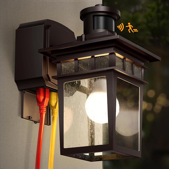 Porch Light with GFCI Outlet, Bronze Dusk to Dawn Motion Sensor Outdoor Lights, 3-Mode Wall Exterior Lighting Fixture, Waterproof Outside Lights Sconce for House Front Door Patio Garage