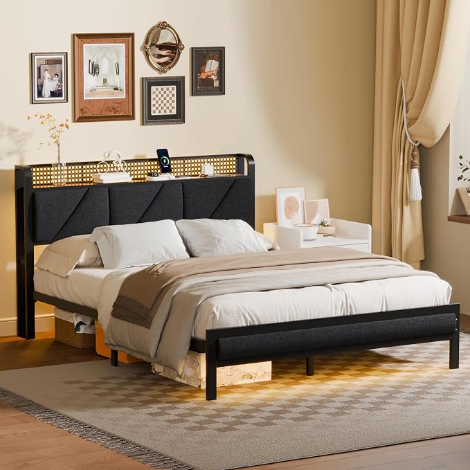 Queen Bed Frame with Storage Shelf and Upholstered Headboard | Metal Platform Bed with LED Light, Charging Station and Heavy Duty Slats, No Box Spring Needed, Noise Free & Easy Assembly