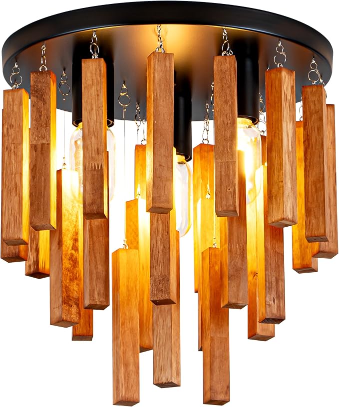 Farmhouse Light Fixture, 3-Light Wood Ceiling Light, Rustic Light Fixture with Wood and Black Metal Finish, Farmhouse Semi Flush Chandelier for Bedroom, Hallway, Entryway, Kitchen