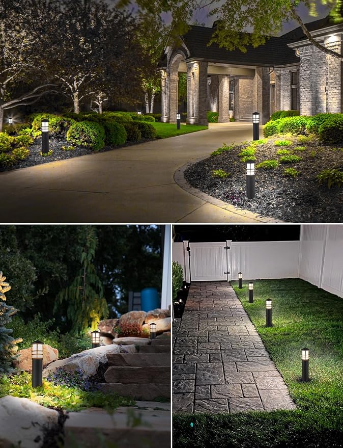 SUNVIE 8-Pack 3W LED Low Voltage Bollard Landscape Pathway Lights, Black | IP65 Waterproof, 3000K Warm White, 12-24V AC/DC, Aluminum, Outdoor Landscape Lighting for Walkway Garden Yard, with Connector