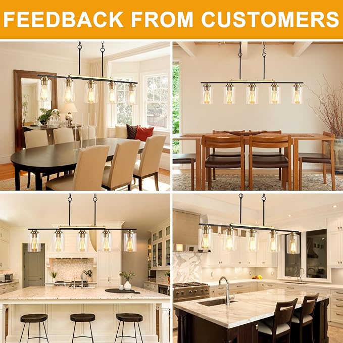 34" Dining Room Light Fixture/Chandelier Over Table, 5-Light Black and Gold Kitchen Island Lighting with Clear Glass Shade, Modern Hanging Pendant Lights Fixture for Kitchen Island Dining Room