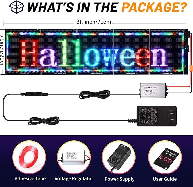 31”×8” Programmable LED Sign, 24V/2A Ultra Bright Full Color Bluetooth APP Control, Custom Text Pattern Animation Scrolling LED Digital Sign for Store Office Retail