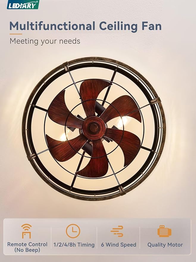 LEDIARY 22 inch Caged Fandelier Ceiling Fan Light with Remote, Black Gold | 6 Speed Adjustable,Timing, Quiet & Powerful DC, Large, Farmhouse, Industrial, Enclosed, Bladeless, Bedroom, Kitchen, Downrod