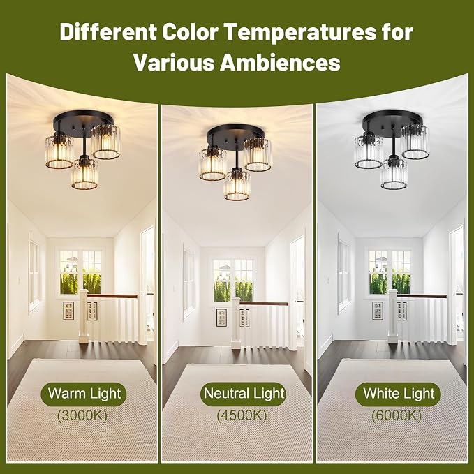 3-Light Crystal Semi Flush Mount Ceiling Light, Black Kitchen Lighting Fixtures Ceiling, Modern Hallway Light Fixtures with Clear Crystal Shades, Close to Ceiling Lamp for Bedroom Foyer Entryway