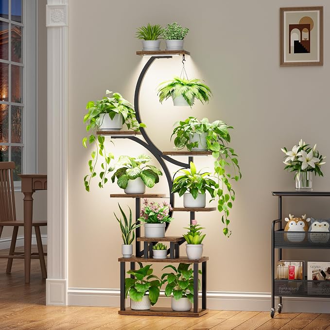 BACEKOLL Plant Stand Indoor with Grow Light, 8 Tier Corner Plant Shelf Tall | 62" Lighted Flower Holder for Plant Multiple, Space-Saving Beautiful Display Growing Rack for Home Patio, Sturdy Metal, Brown