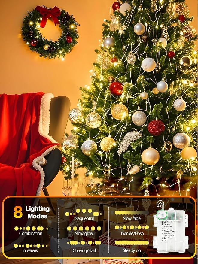 Fairy Lights Battery Operated 33FT 100 LED Twinkle String Lights Warm White | Remote Control, 8 Modes, Timer, Adjustable brightness, Waterproof Lights for Indoor Outdoor Classroom Christmas Decor