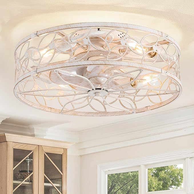 LEDIARY 20" Caged Ceiling Fan with Light, Flush Mount Fandalier with Remote | Low Profile, Farmhouse Small, Bladeless Industrial, Quiet DC Motor, App Control for Bedroom, Kitchen, Dining Room, White Gold
