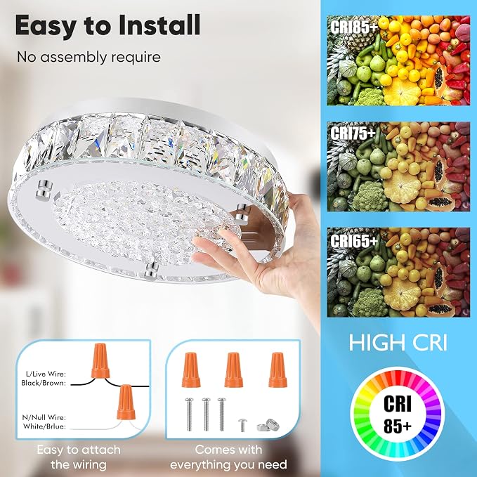 Crystal Chandeliers Flush Mount LED Ceiling Light Fixture, 5000K Daylight White Super Bright 1980LM 11-Inch Dimmable Farmhouse Kitchen Light Modern Ceiling Lamp for Bedroom Bathroom Nursery