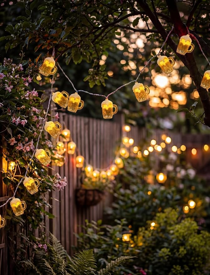 LED Beer Mug Camping String Lights, 8.5Ft Hawaiian Decor Lights Plug in | Connectable Tropical Beach Outdoor String Lights, 10 3D Beer Cup Bulbs, Summer Decor for Tent Holiday Party Garden