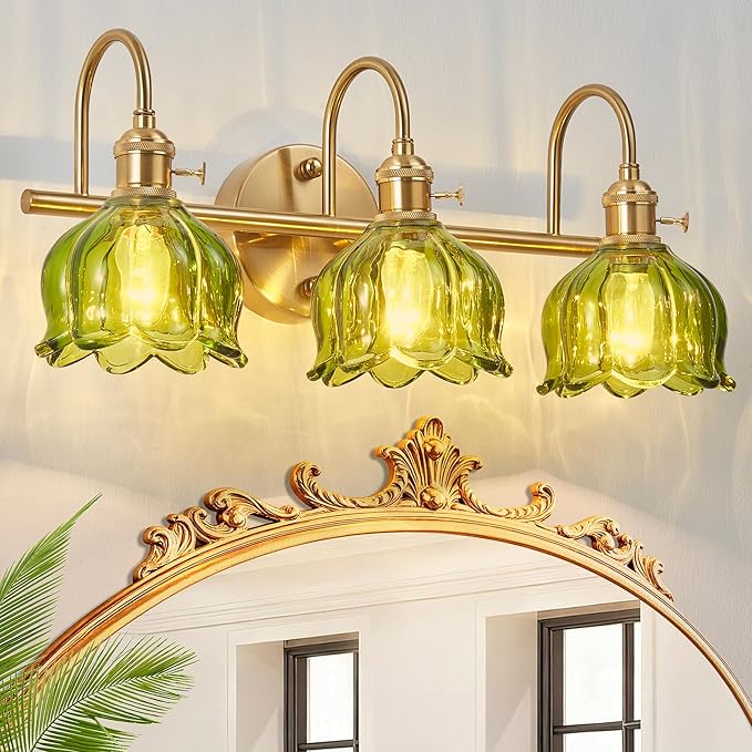 Bathroom Light Fixtures Over Mirror,3-Light Brushed Gold Vanity Lights with Green Tulip Glass Shades,Vanity Lighting Fixtures for Bathroom Bedroom Kitchen Living Room Hallway