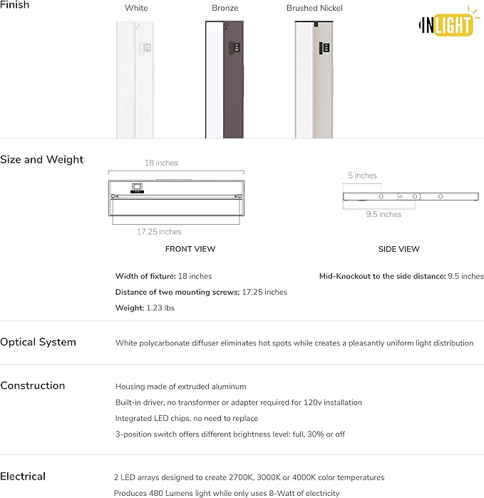 Getinlight 18-inch 3 Color Levels LED Under Cabinet Lighting, Hardwired or Plugged-in, Selectable White 2700K/3000K/4000K, Dimmable, Bronze Finished, IN-0210-2-BZ