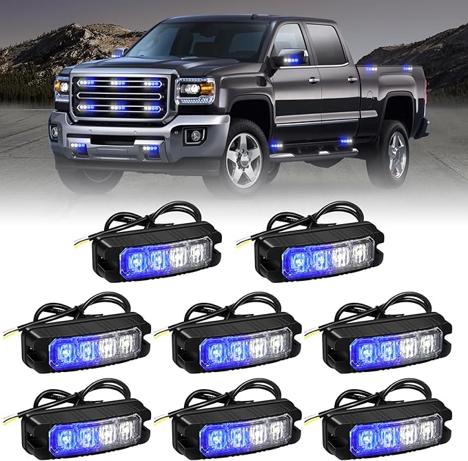 XRIDONSEN 8PCS Sync Blue White Grill Emergency Lights 32 LED Surface Mount Firefighter Police Lights Strobe Flashing Warning Safety Hazard First Responder Light for Vehicles Firefighters POV Trucks