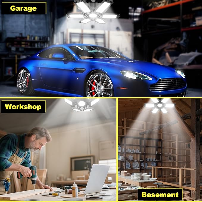 ISKYDRAW LED Garage Lights 185W, 4 Pack 18500LM Bright Shop Light with 6+1 Deformable Panels, 6500K Daylight Garage Ceiling Light Screw in E26/E27 Bulb Bay Lighting for Workshop Basement Barn Attic