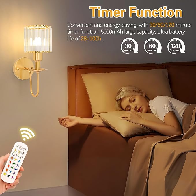 Battery Operated Wall Sconces Set of 2, Gold Crystal Wall Lights | 5200mAh rechargeable wall lights with magnetic bulbs, remote control, 15 colors, 10-level dimming and timer for bedrooms