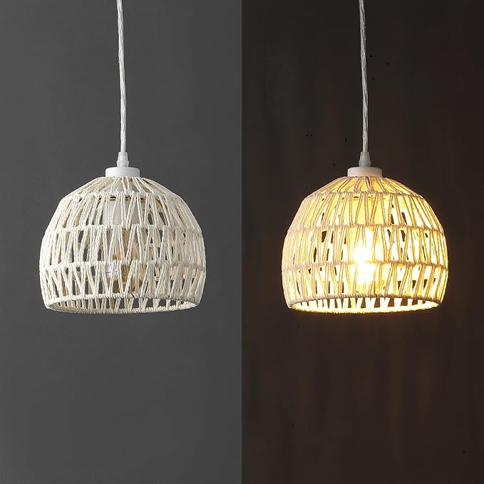JONATHAN Y Campana 1-Light Pendant Dome Ceiling Lamp, 8.25", Cream | Modern Coastal Farmhouse Decor, Adjustable Height, Woven Rope Metal Frame, LED Bulb Included, UL Listed