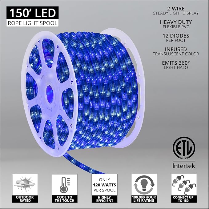 Wintergreen Lighting 150' Blue and Cool White LED Rope Light, Christmas Outdoor Light Décor Rope Lighting - 120V, ½ Inch, 2-Wire - Rope Light Clips and Power Cord Included