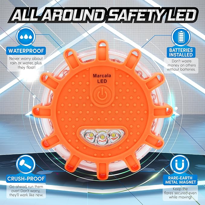 Marcala 3-Pack Emergency Lights for Vehicles | DOT Compliant Emergency Flares for Car with Batteries, Whistle & Case | LED Road Flares | Emergency Roadside Lights | Drive and Feel Safer on the Road!