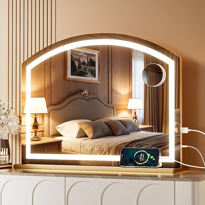 Hasipu Arch Vanity Mirror with Light, Arched Led Makeup Mirror with 10X Magnification, Tabletop Desk Mirror with USB Charging Port, Dimmable 3 Colors Mode, 32" x 24" Inch Gold