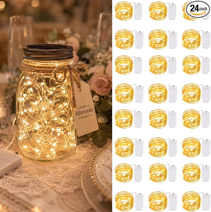 24 Pack Fairy Lights Battery Operated, 7ft 20 LED Warm White Mini String Lights, Waterproof Silver Wire Firefly Lights for Mason Jars Wedding Christmas Party Bedroom Indoor Outdoor Decoration
