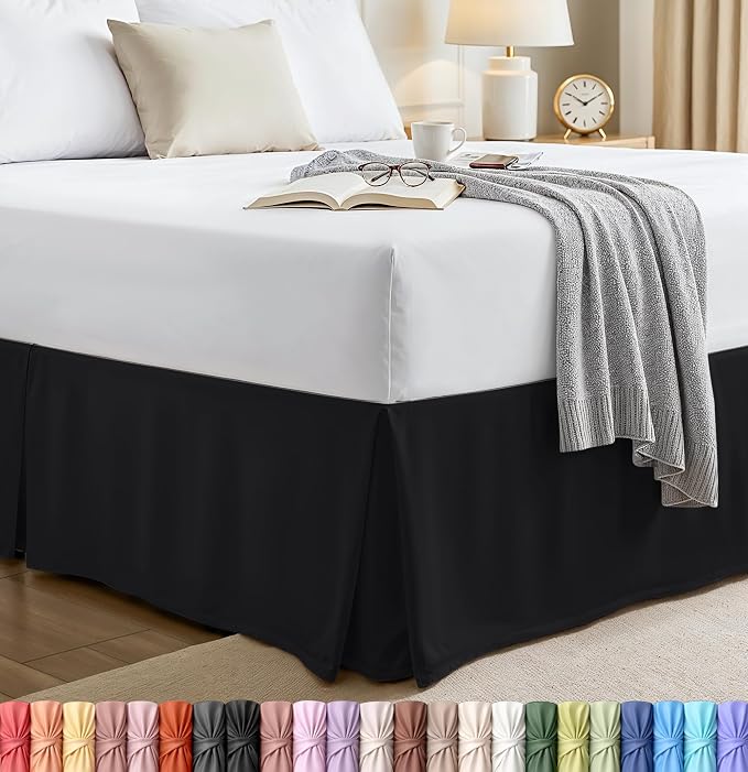 King Bed Skirt, Hides Under-Bed Storage 16 Inch Drop, Pleated, Black | Easy Fit Design, Shrinkage & Fade Resistant, Hotel Style, Microfiber Durable Fabric, Machine Washable