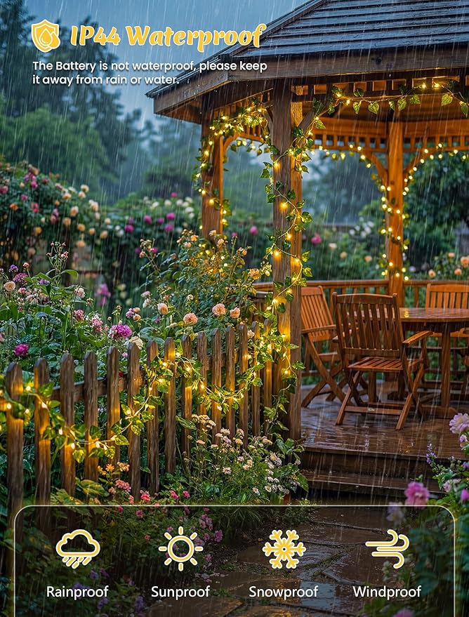 YOUNGAR Pothos Vines with Fairy Lights,Battery/USB Operated Leaf String Warm White Lights,23FT 73LED vine lights with Remote for Bedroom Garland Wedding Birthday Garden Party Wall Room Headboard Decor