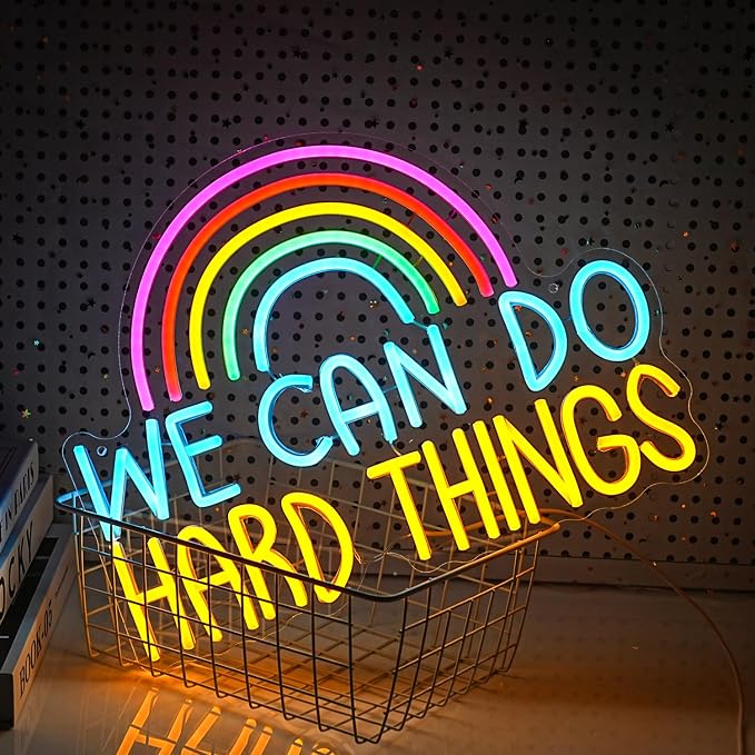 We Can Do Hard Things Neon Sign USB Powered Rainbow Neon Light for Wall Decor Colorful Dimmable LED Light Up Sign for Bedroom Classroom Party Practical Activity Title(16.3 * 12.4In)