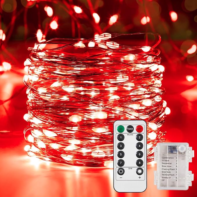 Ariceleo 2 Pack 65.6 Ft. Battery Operated Outdoor String Lights with Remote & Timer, LED Red Fairy Lights, Waterproof Twinkle Lights for Bedroom, Dorm, Mason Jar, Wedding, Party, Christmas