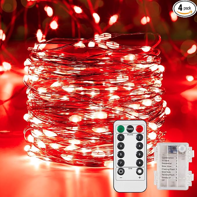 Ariceleo 4 Pack 32.8 Ft. Battery Operated Outdoor String Lights with Remote & Timer, LED Red Fairy Lights, Waterproof Twinkle Lights for Bedroom, Dorm, Mason Jar, Wedding, Party, Christmas