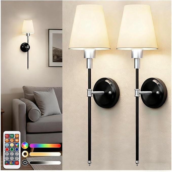 Battery Operated Wall Sconce: Set of 2 Wireless Wall Light 12000mAh | 15 Color Rechargeable Wall Sconces, Sconce Wall Decor Set of 2 for Bedroom, Living Room, Gold, 24.6in